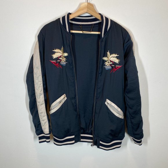 Satin Mai Tai Bomber Jacket by Capulet Hawaii Embroidered Navy & Oyster sz S - Picture 3 of 13